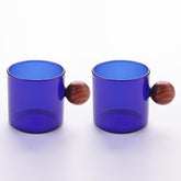 Kuber Industries 2 Pcs Borosilicate Glass Coffee Cups | Cup with Wooden Ball Handle | High Heat Resistant | Microwave and Dishwasher Safe | 120 ML | Pack of 1 | Blue